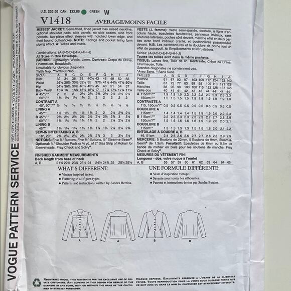 Uncut Vogue Sandra Betzina Uncut Jacket Sewing Pattern V1418 All Sizes - Picture 6 of 9